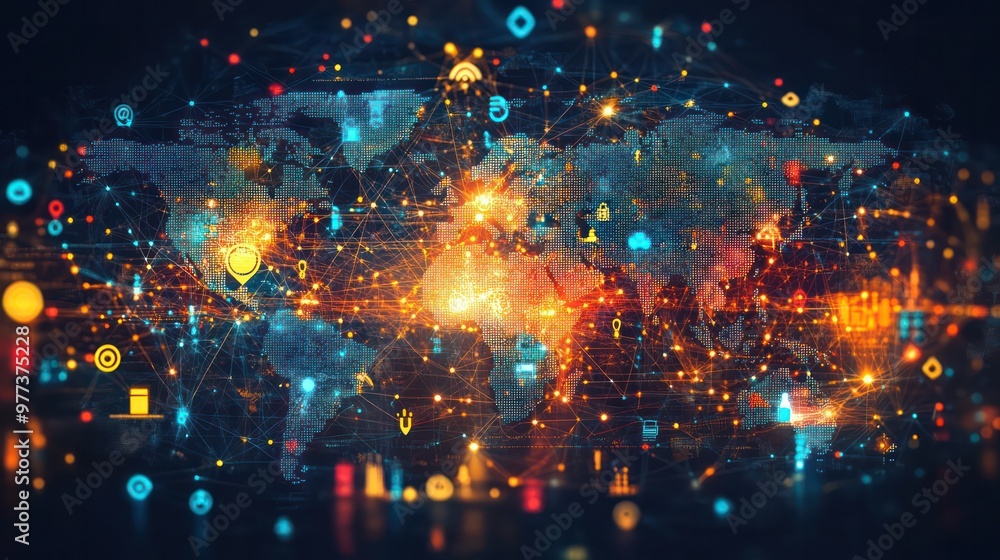 Poster A colorful, abstract image of a globe with many different icons and symbols