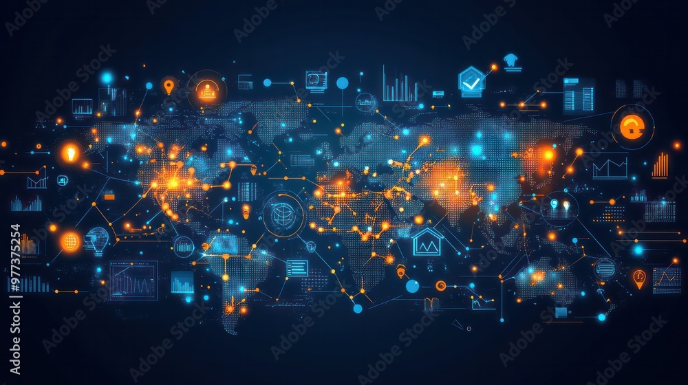 Poster A colorful image of a world map with many different icons and symbols