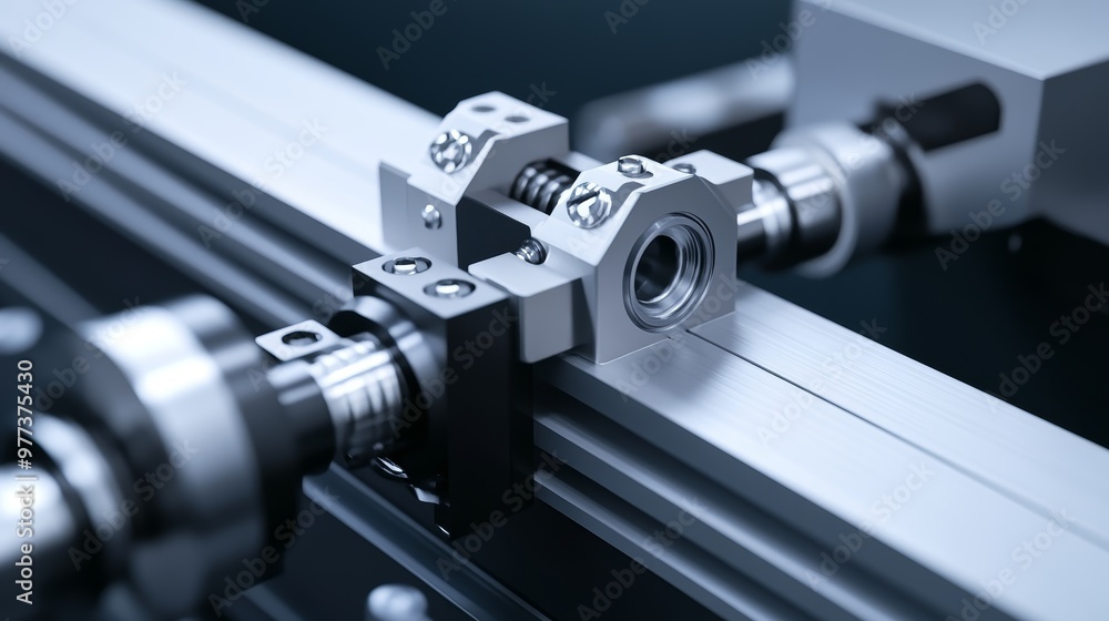 Aufkleber close-up view of precision mechanical components on a linear rail system, showcasing intricate engin
