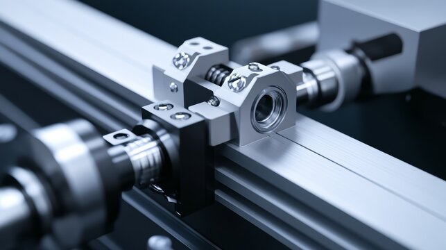 Close-up view of precision mechanical components on a linear rail system, showcasing intricate engineering and design.