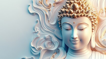 A stunning golden Lord Buddha image with intricate ornate decorations, set against a luxurious white and light blue background, exuding elegance and serenity