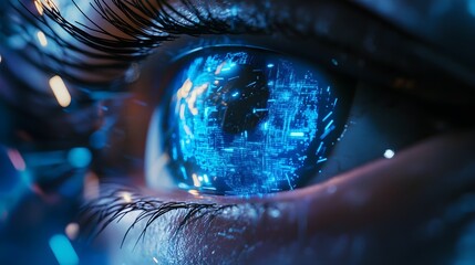 Futuristic human eye glowing with neon blue technology