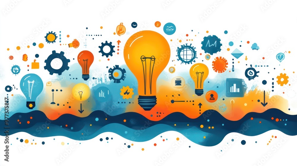 Poster a colorful image of many light bulbs and gears
