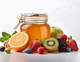 Jar of Honey and Fresh Fruits on a White Background