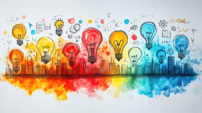 A drawing of a city with many colorful lights and a few people