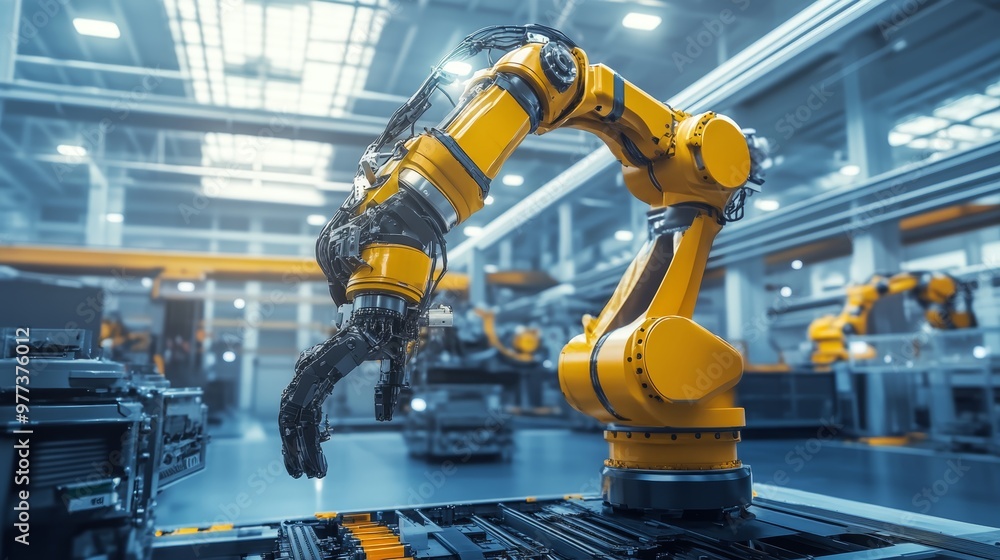 Aufkleber high-tech industrial robot arm efficiently assembling products in a modern factory setting, showcasi