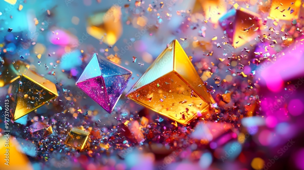 Poster vibrant crystals floating in colorful space, showcasing reflections and light interplay. a mesmerizi