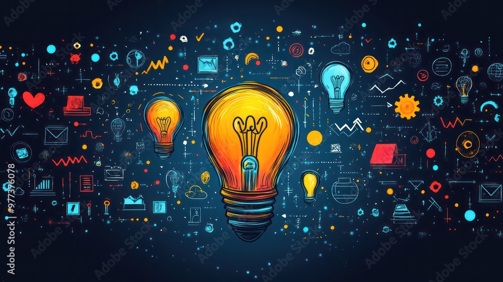 Poster a colorful drawing of a light bulb surrounded by various symbols and shapes