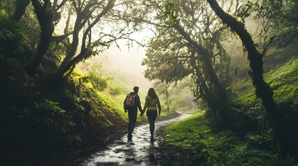 Fototapeta premium Couple hiking through mystical forest trail under trees