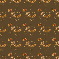 Seamless pattern with squirrel, mountain ash and autumn leaves. Autumn Background for the design of banners, postcards,  poster, card, print, textile, template, fabric, stickers, celebration.