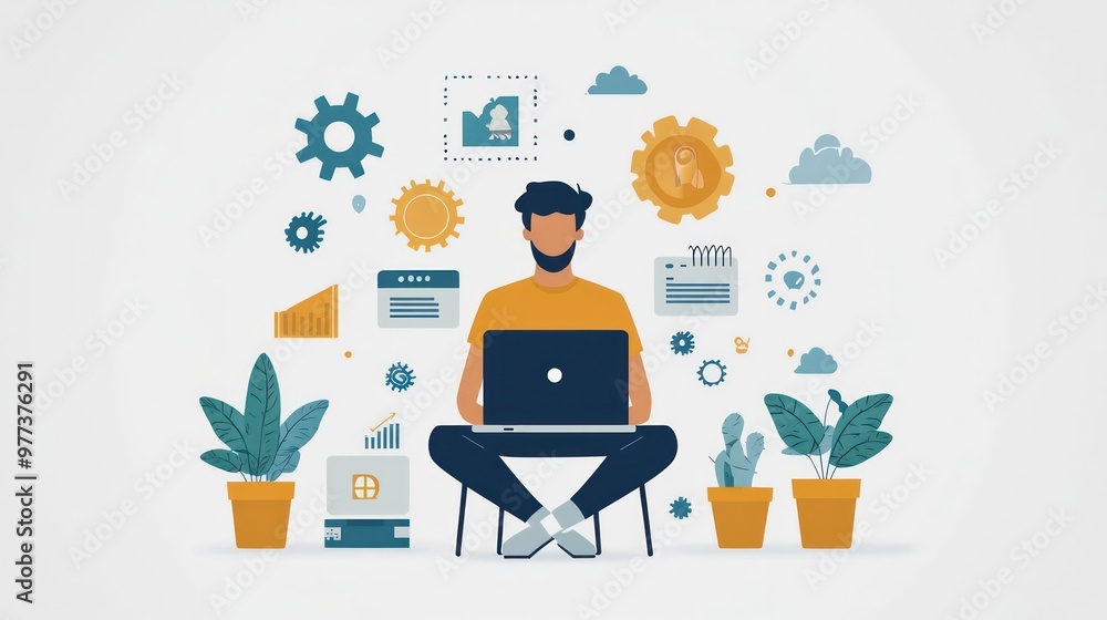 Poster a man is sitting in front of a laptop computer