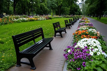A walk along the Planty Park, with blooming flowers and benches providing a peaceful escape from the bustling city