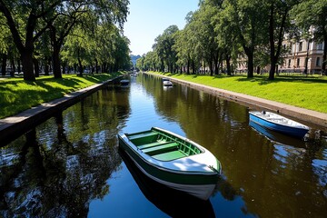Obraz premium A walk along the Riga canal, with small boats and green parks lining the water