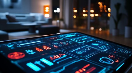 Smart device control interface, holographic widgets, digital home automation, futuristic living space