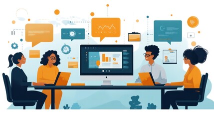 A group of people are sitting around a table with laptops and a large monitor