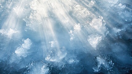 Fototapeta premium Abstract frozen air beneath clear ice, with rays of sunlight shining through, offering a sense of warmth and hope in the cold