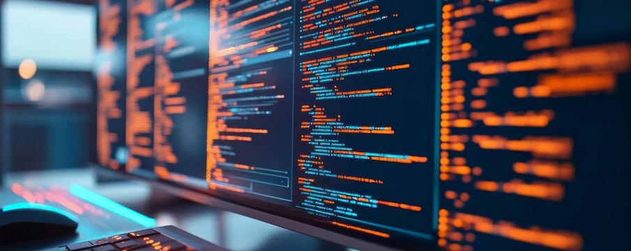 Smart contract creation tool, glowing blockchain visualization, neon code editor, futuristic finance room