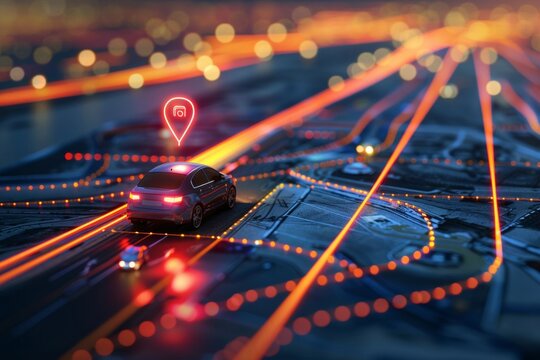 Automobile with gps tracking pulsing signal. A vehicle transmitting gps signal. Searching car location with gps tracker