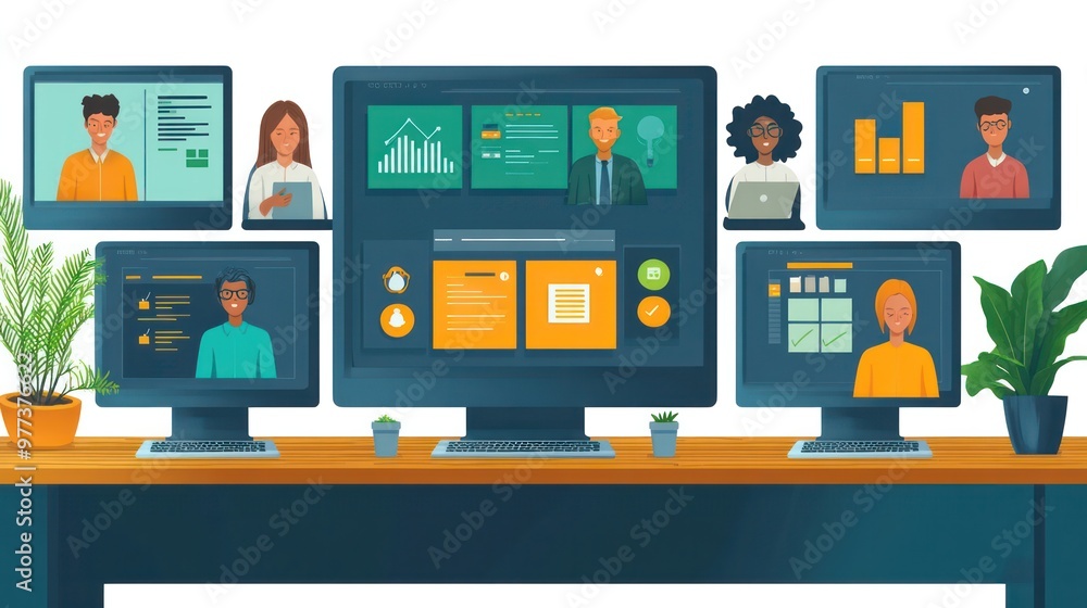 Poster A computer monitor displays a group of people on a screen
