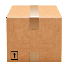 Plain cardboard box with tape, labeled with an upward arrow symbol, straight view. Ideal for shipping, packaging, and logistics concepts clipart, transparent background.