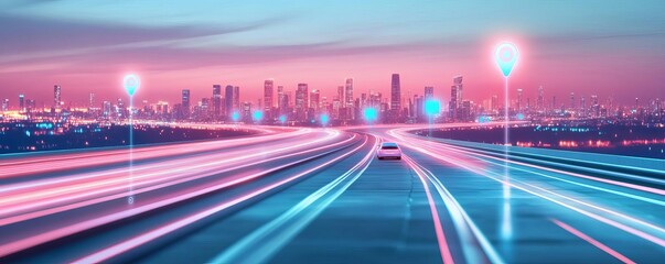 Smart transportation app, holographic vehicle tracking, digital route optimization, futuristic city mobility