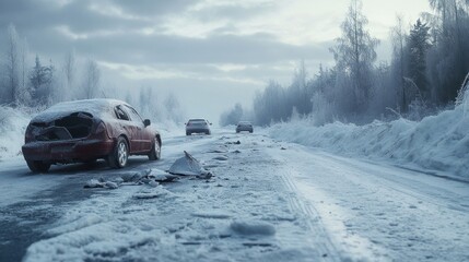 Rear-end damage on a red car in a winter landscape