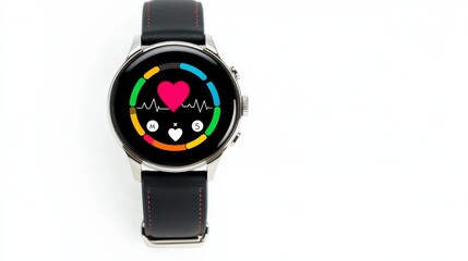 Smartwatch UI for health monitoring, circular dial with colorful activity rings, intuitive heart rate and sleep tracking icons