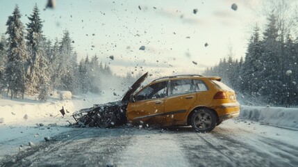 Obraz premium Yellow car in a severe accident on icy rural road.