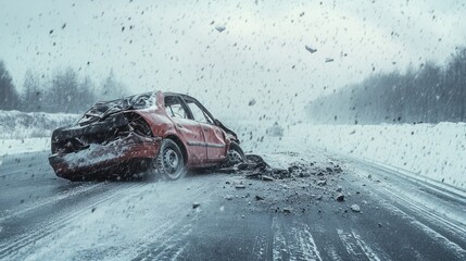 Red car severely damaged after accident on icy highway.