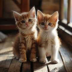 Orange and white kittens sitting together on a wooden floor, warm lighting highlighting their fur, eyelevel perspective, cute and cozy setting