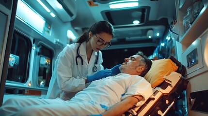 A woman in a white lab coat is tending to a man on a hospital bed