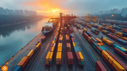 A large number of cargo containers are stacked in a yard