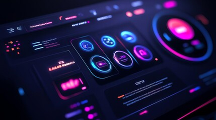 Obraz premium Software UI for VR gaming, immersive design with futuristic elements, holographic buttons, dark mode with contrasting light highlights