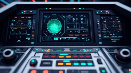 Obraz premium Space exploration simulator interface, holographic planetary systems, digital navigation controls, futuristic space lab
