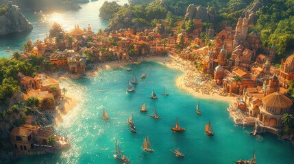 A beautiful blue ocean with a small town on the shore