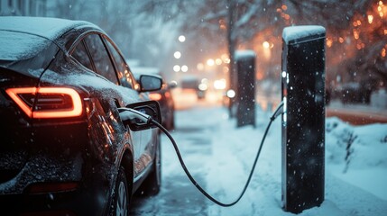 Snow-covered electric car charging at an urban station.
