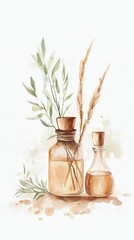 A serene watercolor illustration of glass bottles with natural elements, perfect for wellness and aromatherapy themes.