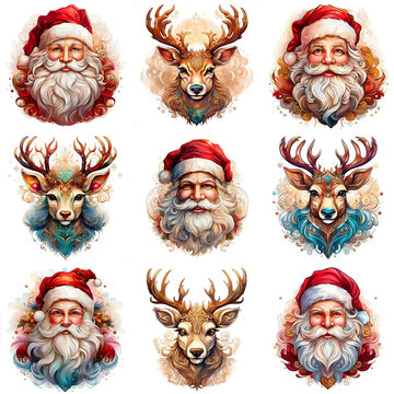 Conjunto de ilustra&ccedil;&otilde;es natalinas de renas e caras de Papai Noel, com fundo branco. 