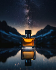 Amber perfume bottle under the starry sky at twilight