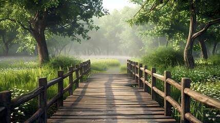 Wood footbridge over grassy plants field with soaring trees