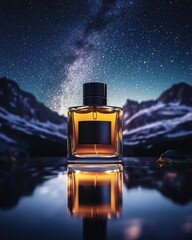 Perfume bottle under starry night with reflection