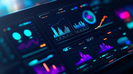 Obraz premium User interface, futuristic dashboard, neon blue accents, dark background, advanced analytics display