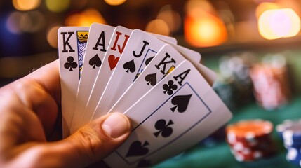 Royal Flush Hand: A close-up shot of a royal flush in poker, with the cards held fan-like in a player's hand. 
