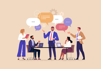 Business Team Brainstorming Concept. Vector illustration in flat style of a group of diverse people at a desk having a discussion with speech bubbles over their heads. Isolated on background