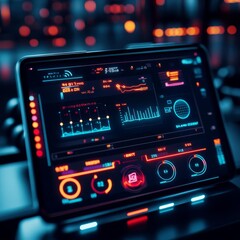 Virtual fitness coach interface, real-time performance tracking, glowing workout data, futuristic gym background