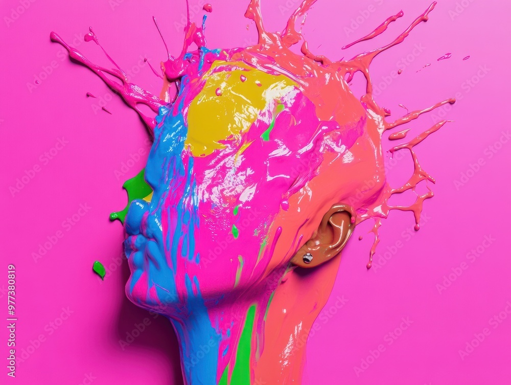 Poster exploding colorful paint on a head with a pink background