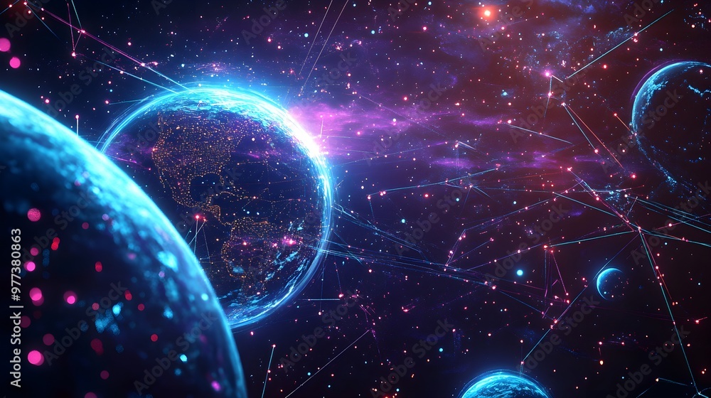 Wall mural futuristic digital network connecting planets in outer space, earth and cosmic web