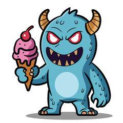 A cartoon blue-looking evil monster carrying an ice cream cone, vector illustration 