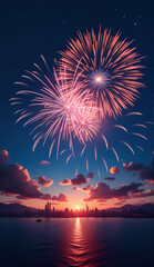 Multicolored fireworks against the night sky under the big city bay