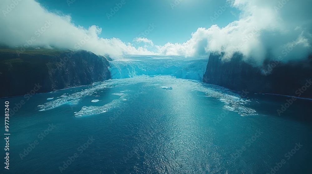 Poster a beautiful blue ocean with a large waterfall in the background